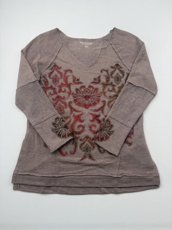 Soft Surroundings Shirt Womens M Brown V Neck Long Sleeve Floral Tunic Top