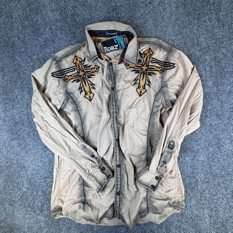 Roar Signature Shirt Mens XL Tan Embroidered Cross Cotton Stretch Button Front
