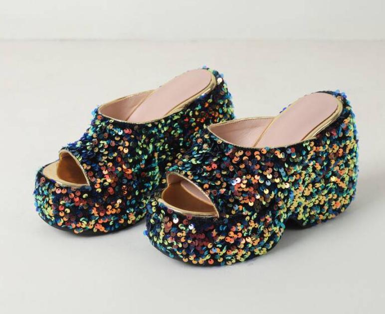 Sequins Slippers Women's Wedge Heels Sandals Summer Shoes Platform Fashion Pumps gallery