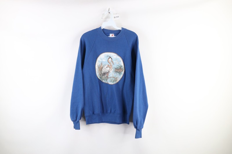 Vtg 90s Streetwear Womens Medium Faded Heron Bird Crewneck Sweatshirt Blue USA