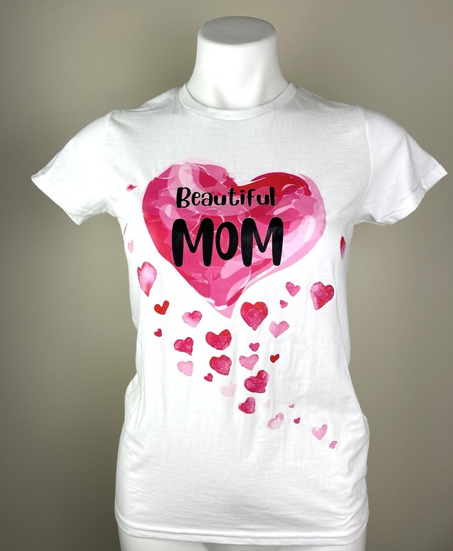 MOTHER’S DAY GIFT Beautiful Mom print pink hearts white T shirt crew neck S,M,L