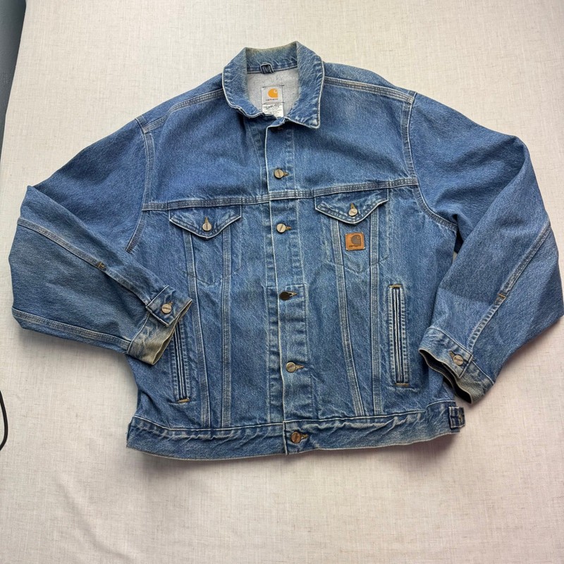 VTG Carhartt J12 DST Denim Trucker Jacket Mens Large Blue Made in USA Workwear