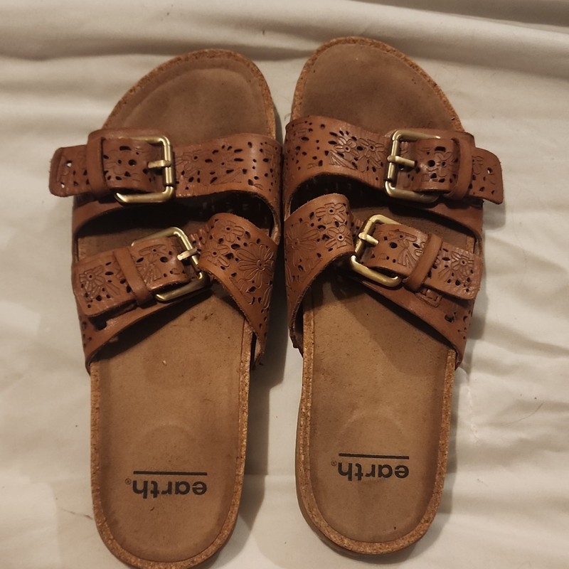 Earth Women’s Brown Leather Floral Cutout Slide Sandals Buckle 6.5M