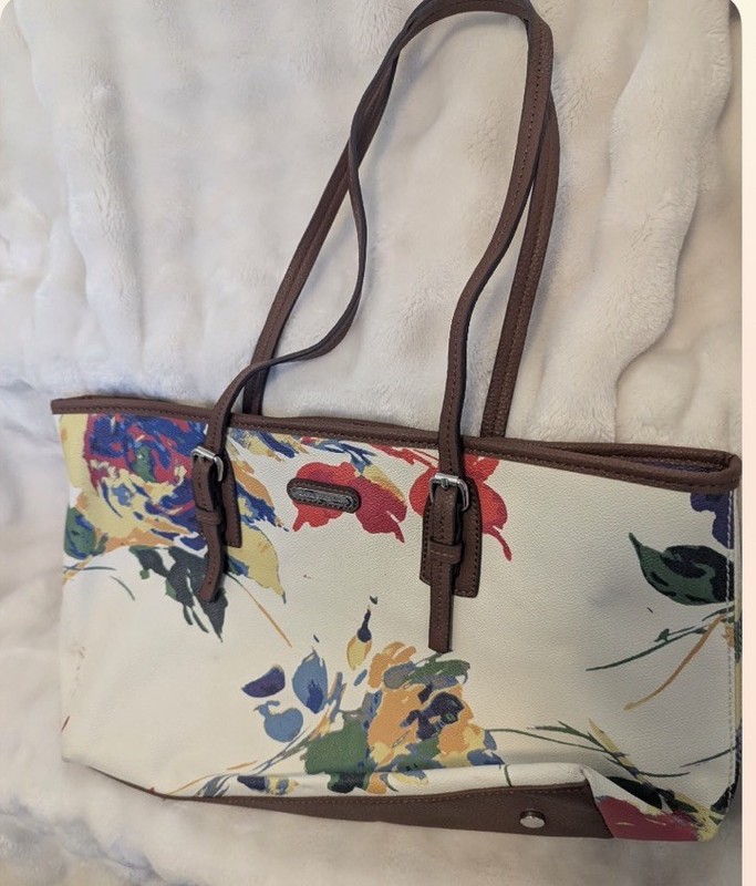 Dana Buchman Floral Tote Bag Multicolor Brown Trim Shoulder Purse Magnetic Snap
