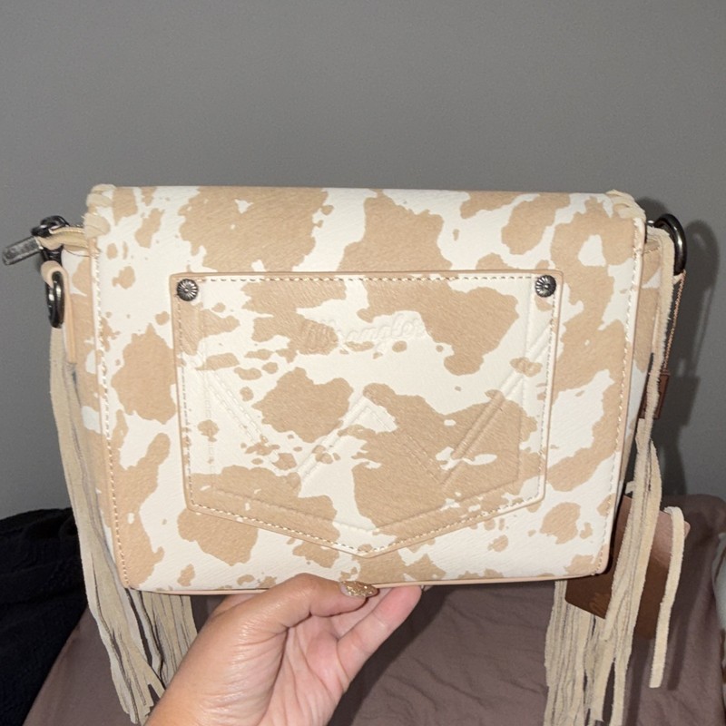 Wrangler Beige/White Cow Print Fringe Small Crossbody Bag, Zip, Strap, Pockets gallery
