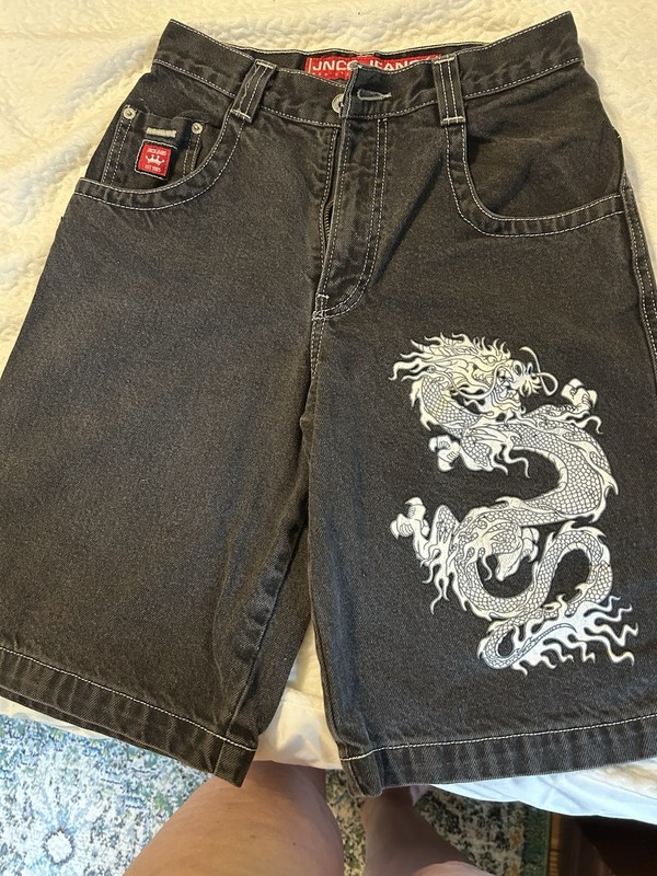 Y2K – JNCO Jeans Boys Black Denim Skater Jorts Size 14 Dragon Graphic