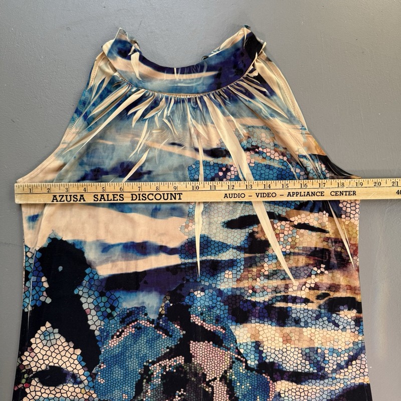 Blue Floral Halter Shift Dress MEDIUM Watercolor Beach Vacation Sleeveless gallery