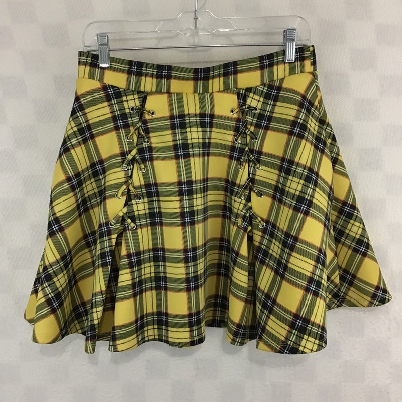 Hot Topic Yellow Plaid Lace Up Skater Skirt Large Clueless Style 90s A-Line