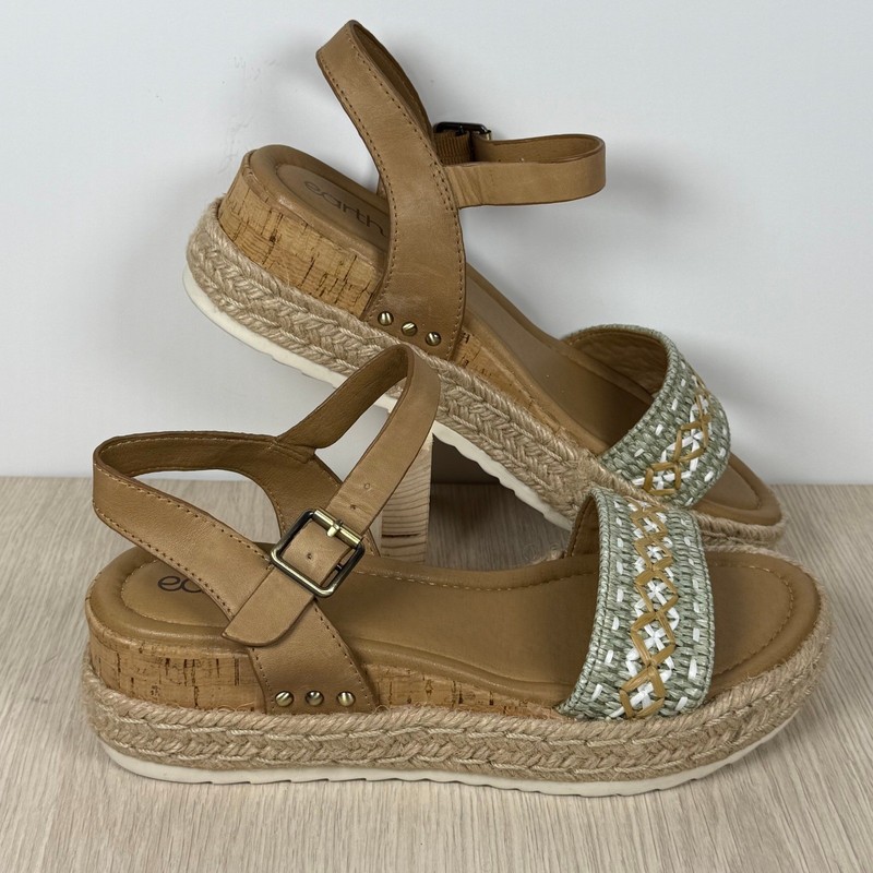 Earth ETCOLLINS Womens 8.5M Tan Leather Woven Espadrille Platform Wedge Sandals