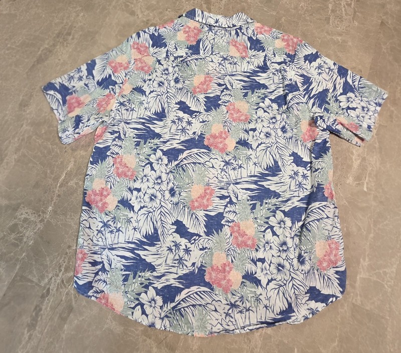 Caribbean Hawaiian Shirt Short Sleeve Blue Tropical Floral Beach Linen Blend XL gallery