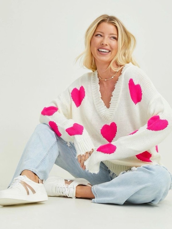 Altard State Women’s Pink Heart 🩷 Valentine Novelty V Neck Sweater Size Small
