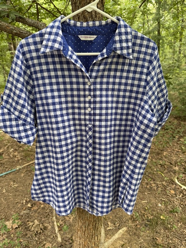 Allison Daley Womens Petite XL Blue White Gingham Seersucker Button Front Shirt