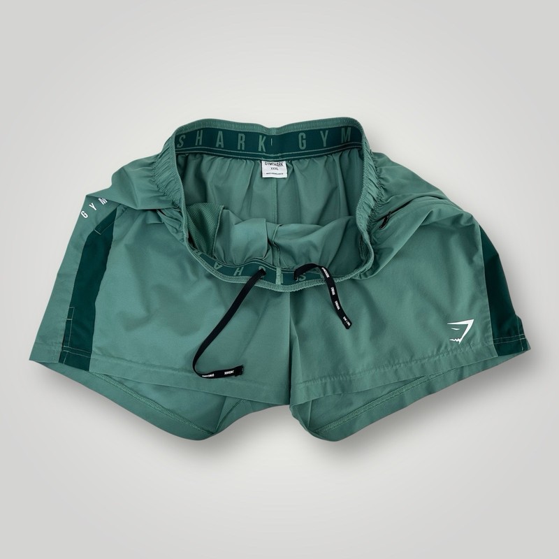 Gymshark A2A8K Shorts Mens 3XL Green Drawstring Activewear Zip Pocket 5 Inch gallery