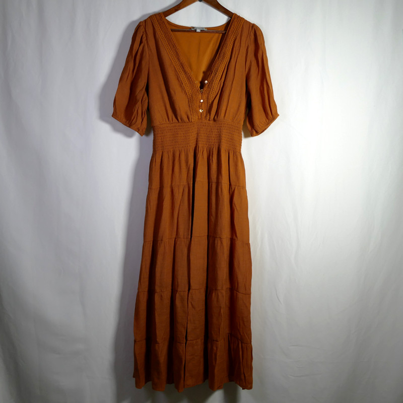 J Gee Womens Boho Puff Sleeve Tiered Maxi Dress Size XL Smocked Cottagecore