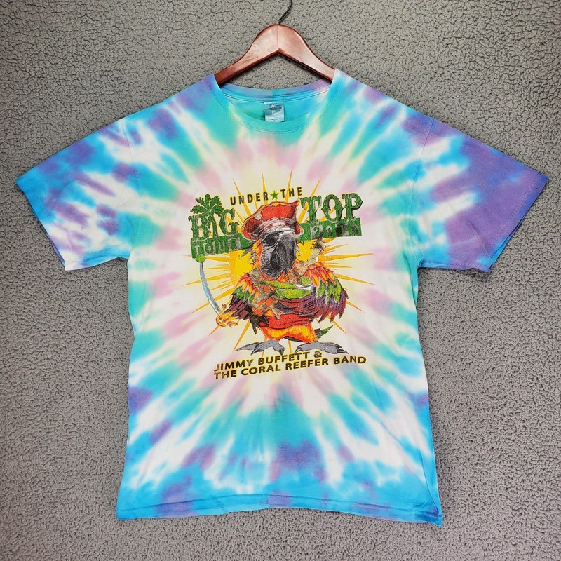 Jimmy Buffett Big Top Tour 2010 T-Shirt Mens L Blue Tie Dye Parrot Head Band