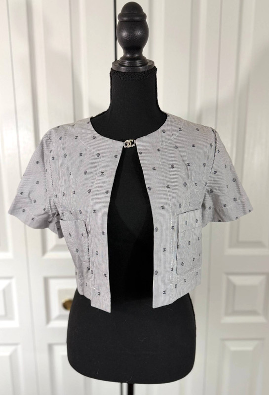 Chanel Coco Mark Camellia Blouse Bolero Stripe Rhinestone Cotton Gray 36