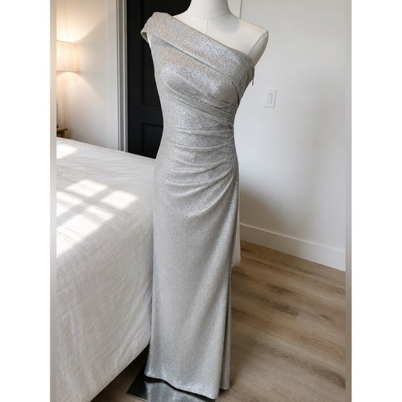 Eliza J Off-the-Shoulder Short Sleeve Side Ruched Foiled Knit Sheath Gown