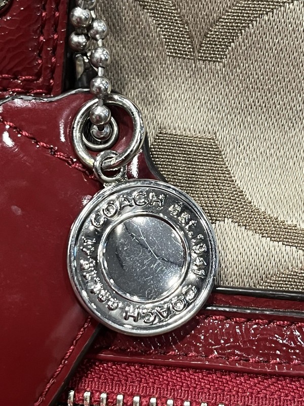 Coach Poppy Signature Tote Shoulder Bag Womens Khaki Red Patent Trim F20026 gallery