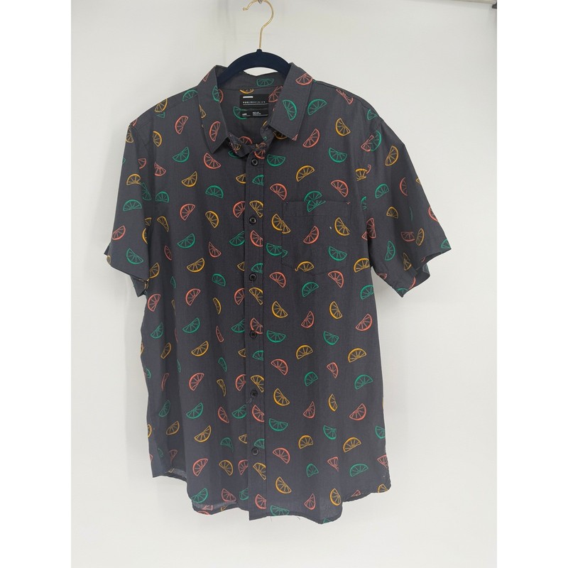 Public Opinion Mens Large Black Citrus Fruit Print Cotton Short Sleeve Button Up