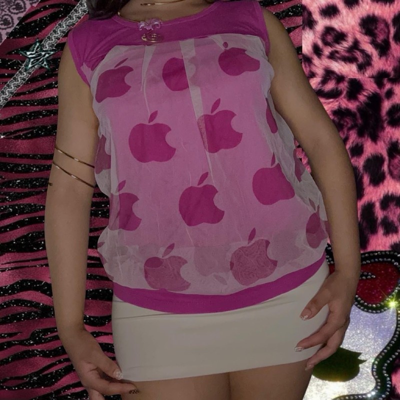 VintagePink Sheer Mesh Layered Scoop Neck Sleeveless Apple Graphic Tank