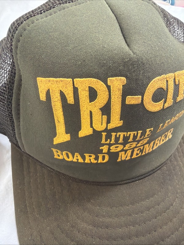 Vintage 80s Mesh Trucker Hat Brown Yellow Tri City Little League Board Member gallery