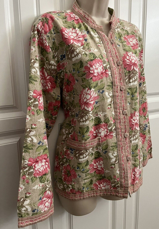 Tudor Court Women’s Unlined Jacket Button Front Tapestry Floral Beige Pink Green