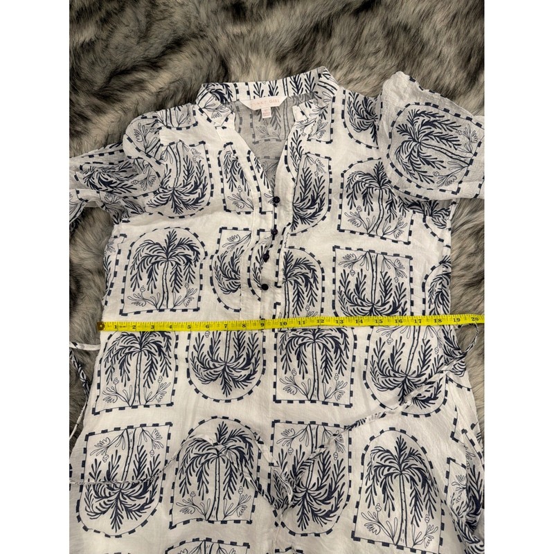 Sunny Girl Palm Tree Print Tiered Mini Dress White Navy Blue Lace Trim Size 10 gallery