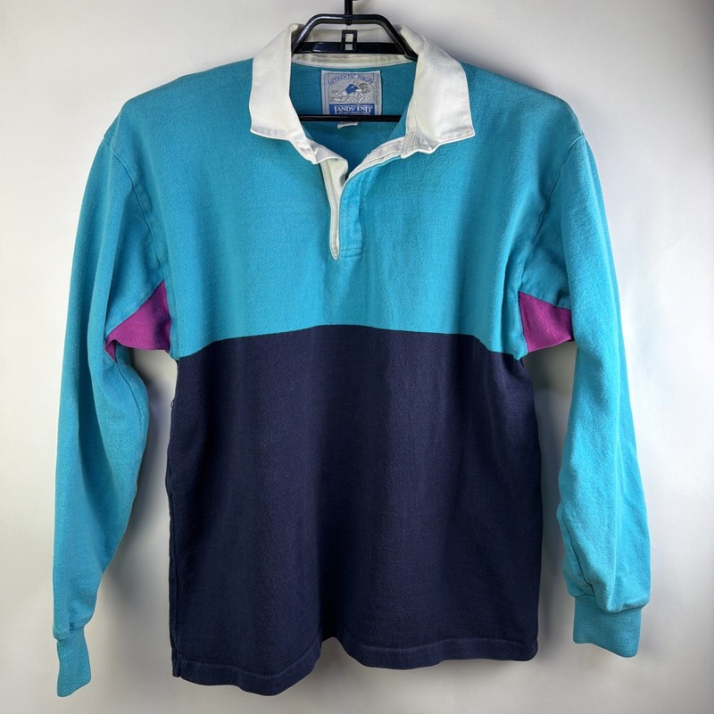 VTG Lands' End Rugby Shirt Mens XL Blue Cotton Colorblock Polo USA Made gallery