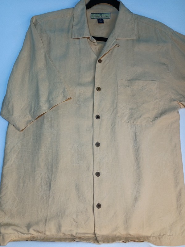 Tommy Bahama Shirt Mens Small Beige Silk Camp Embroidered Back Golf 19th Hole gallery