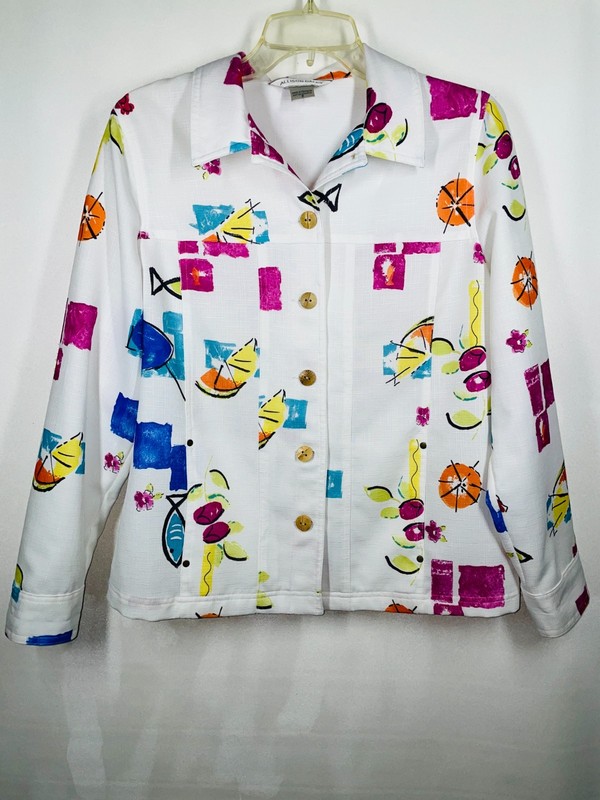 Allison Daley Womens Size 8 Jacket Button Up Colorful Fruit Coat White Collared