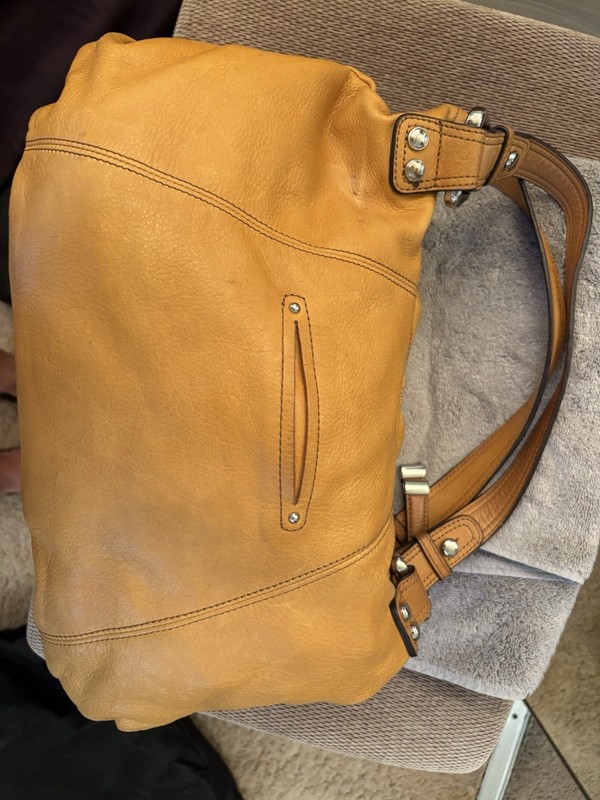 B. Makowsky Tan Shoulder Bag, Zip & Magnetic Closure, Silver Hardware, Lined gallery