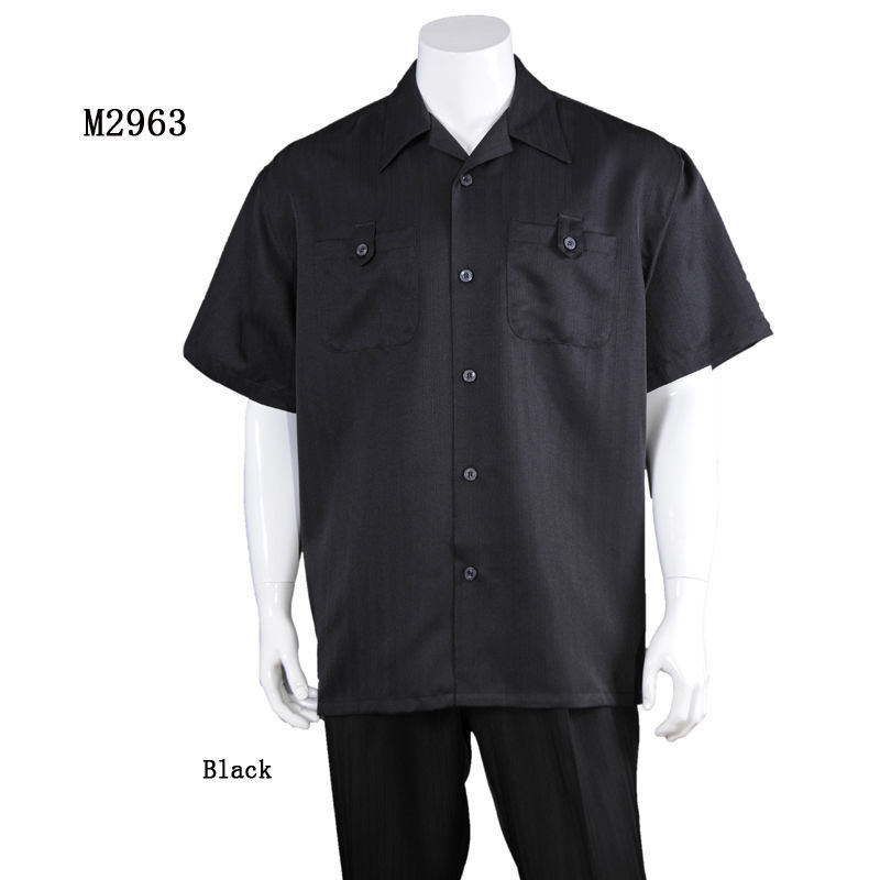 New Men's 2pc Walking Suit Short Sleeve Casual Shirt & Pants Set Solid M2954 . gallery