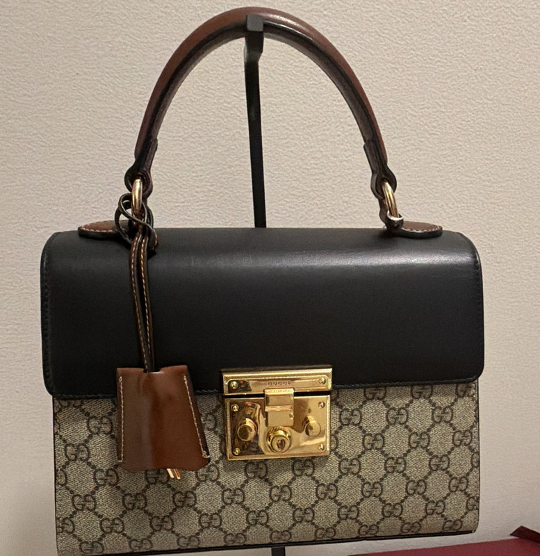 Gucci GG Monogram Small Top Handle Bag Lock Closure w/ Detachable Strap.