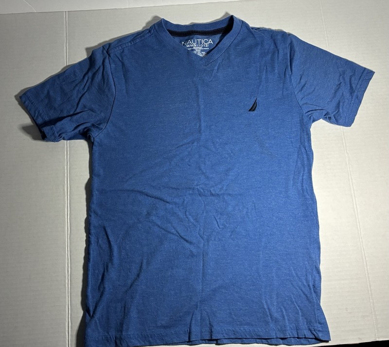 Nautica Blue Solid Logo V-Neck Short Sleeve Cotton Blend T-Shirt, Boy’s M