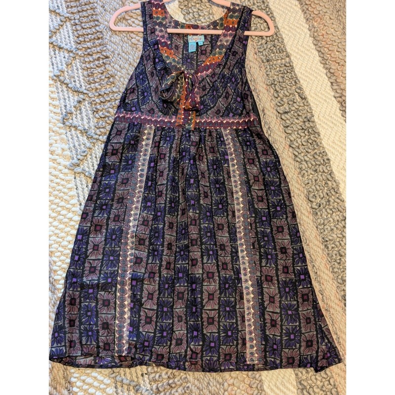 Plenty by Tracy Reese Silk Wool Blend Tie Neck Dress Purple Floral Geometric 6 gallery