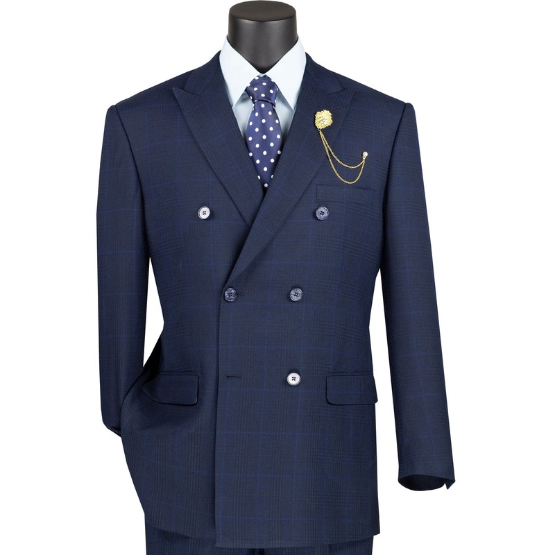 VINCI Men’s Navy Glen Plaid Double Breasted Classic Fit Suit w/ Flex Waist – NEW