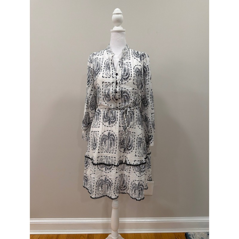 Sunny Girl Palm Tree Print Tiered Mini Dress White Navy Blue Lace Trim Size 10