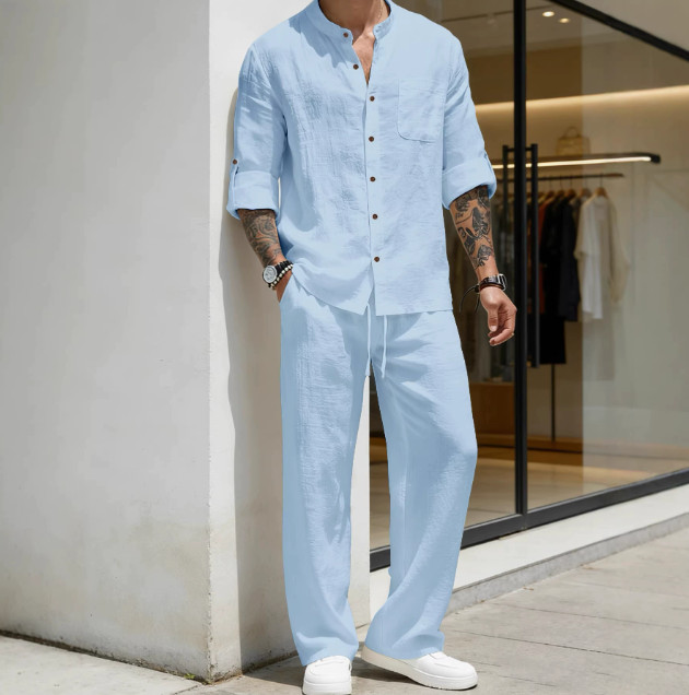 Mens 2-Piece Linen Blend Outfit Set Long Sleeve Henley Shirt and Pants Casual gallery