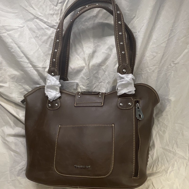 Montana West Brown Western Tooled Floral Studded Satchel zip top w/ gun holster gallery