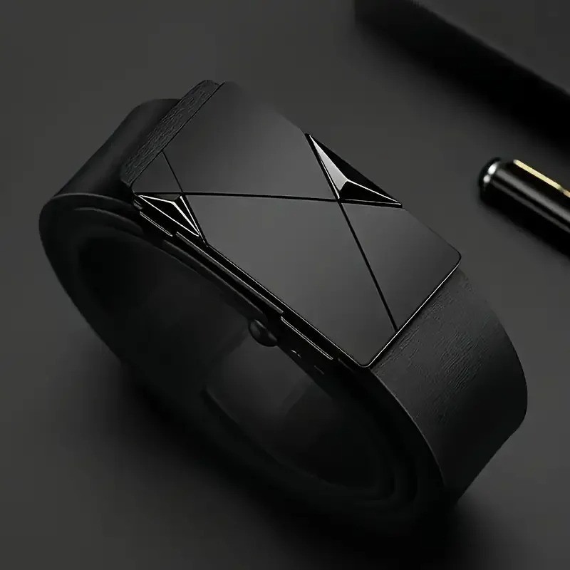 Men’s Automatic Buckle Belt Luxury Black Leather Ratchet Waist Belt Gift gallery