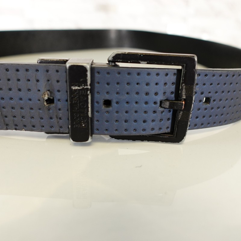 Navy Leather Belt Mens 34 Perforated Reversible Buckle KENNETH COLE Reaction