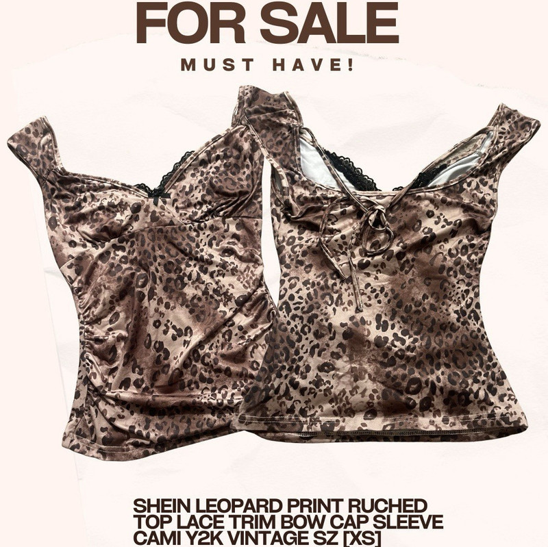 SHEIN Brown/Black Leopard Print Jersey Ruched Lace Trim Bow Cami Top XS