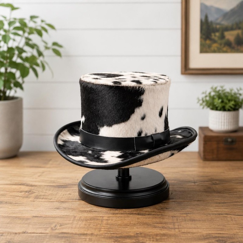Handmade Cowhide Leather Top Hat | Black White Western Steampunk Cowboy Hat