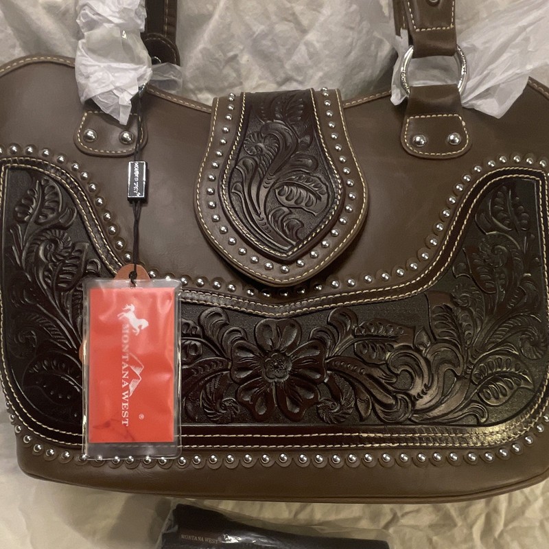 Montana West Brown Western Tooled Floral Studded Satchel zip top w/ gun holster gallery