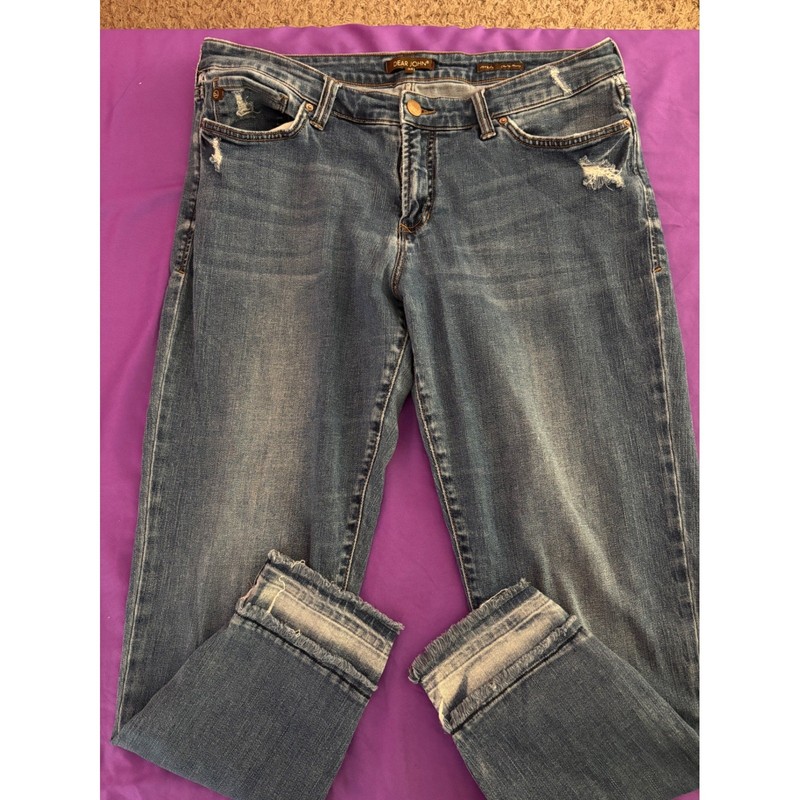 Dear John Joyrich Comfort Skinny Jeans Medium Wash Distressed Frayed Hem Size 32