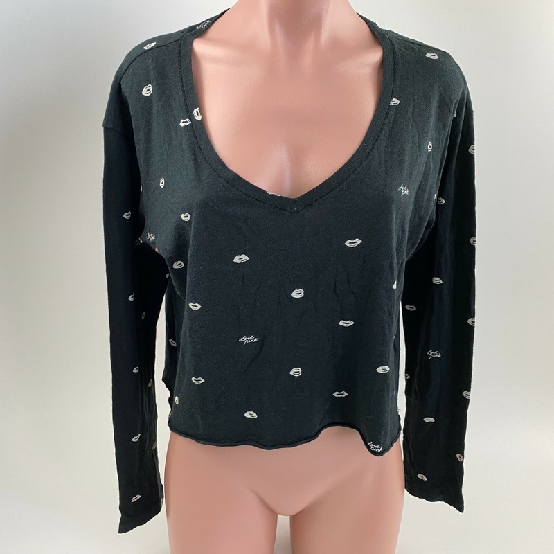 Victoria’s Secret PINK Long Sleeve V Neck Crop Tee Top Shirt Black Size L NWT