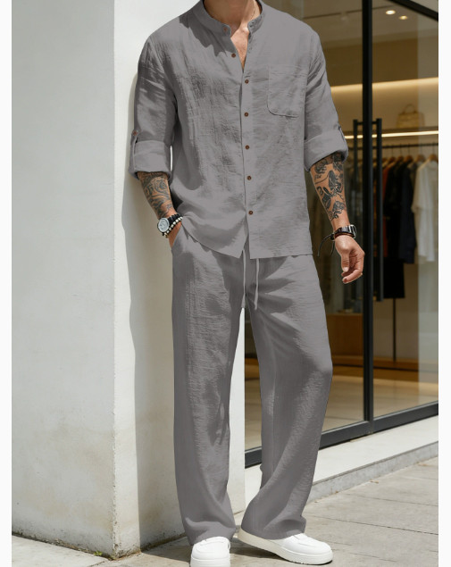 Mens 2-Piece Linen Blend Outfit Set Long Sleeve Henley Shirt and Pants Casual gallery