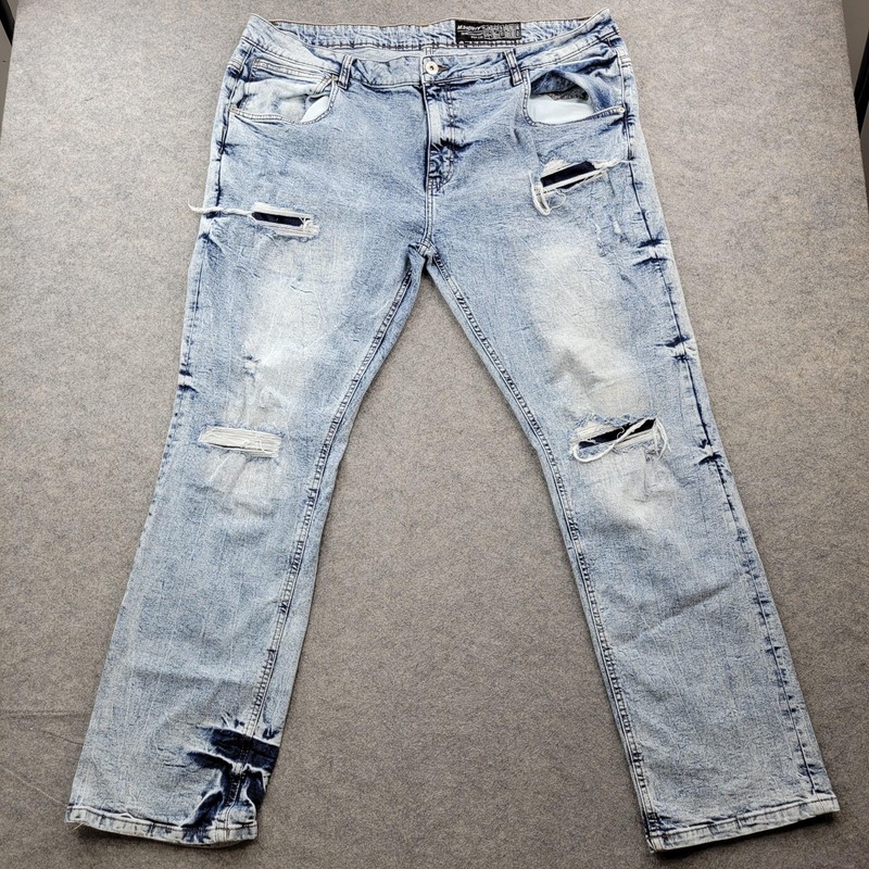 M.Society Jeans Mens 44×32 Light Acid Wash Blue Straight Distressed Denim Pants