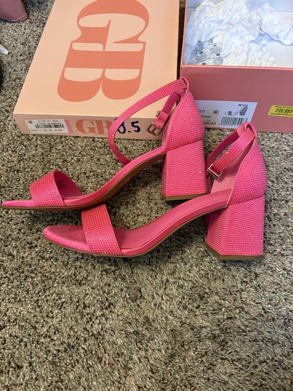 GB Hot Pink Rhinestone Ankle Strap Strappy Open Toe Block Heel Sandals US 8.5 gallery