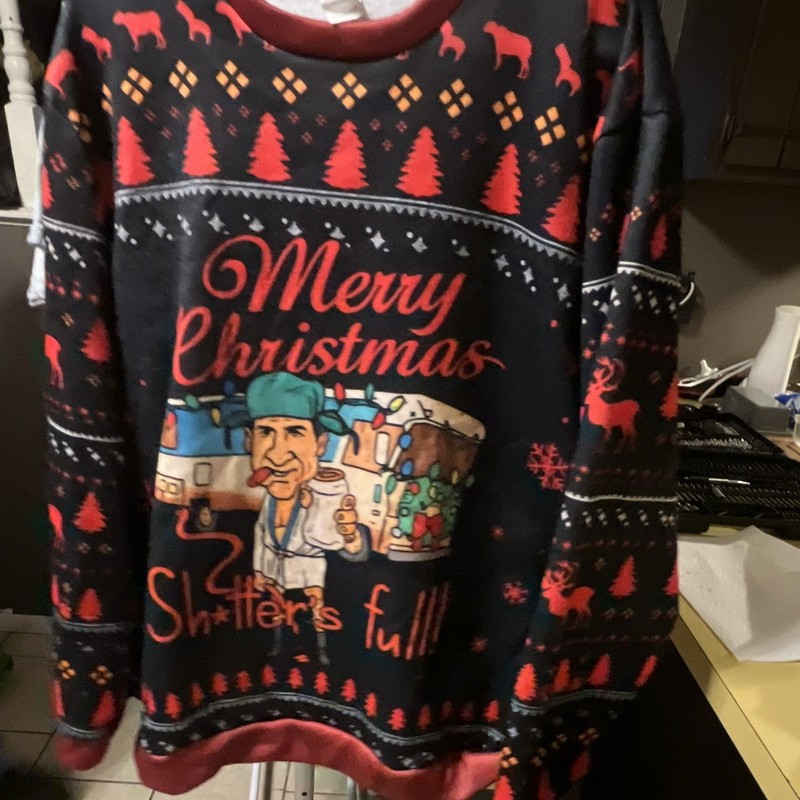 Men’s Christmas Santa Graphic Fleece Crewneck Pullover Sweatshirt Black/Red 2XL